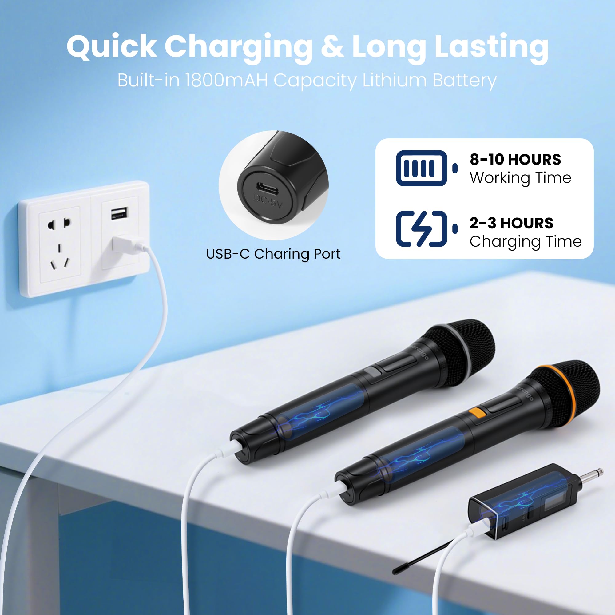 Wireless Microphones, All-Metal Dual UHF Mics, 40H Battery, 260FT Max Range
