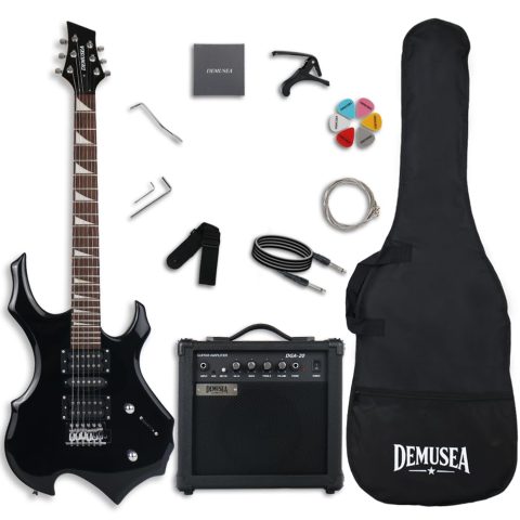 Demusea 39Inch Electric Guitar Kit Black Color With 20W Amplifier Bundle 24F Single Tremolo Solid Body Maple Neck 25.5 Inch Scale Length Noiseless Cable Bag Capo Strap Picks String Wrench Bar In Pack