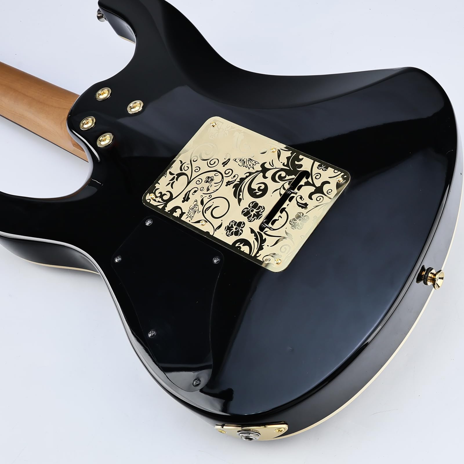 OVSAL Stainless Steel Guitar Back Plate 6 holes Engraved Metal Trem Tremolo Cover Electric Guitar Back Cover Plate Compatible with USA/Mexican Standard FD Strat ST Replacement Parts (Gold)