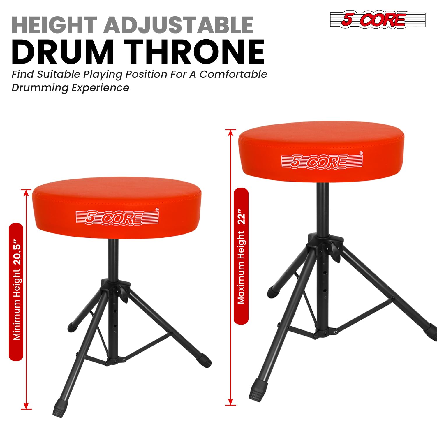 5 CORE Drum Throne Thick 3″ Padded Drum Seat Height Adjustable Drumming Stools with Anti-Slip Feet Musician Chair for Adults and Kids Drummers Orange – DS 01 ORG