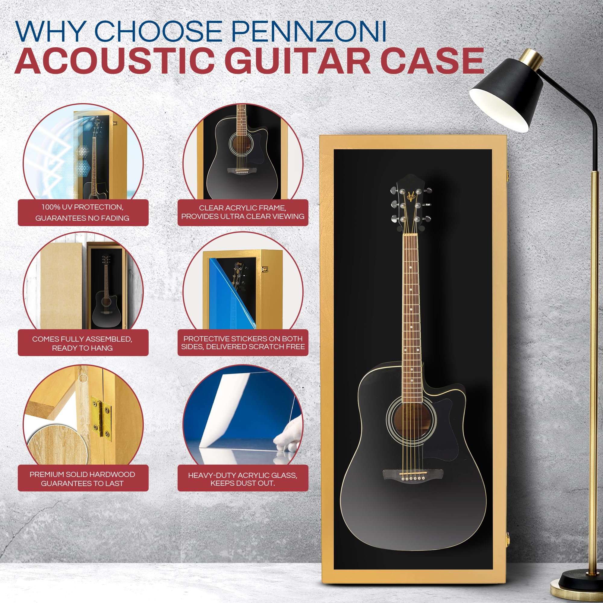 PENNZONI Acoustic Guitar Display Case – Acrylic Acoustic Guitar Case – Guitar Display Case Wall Mount Made from Hardwood Frame & Clear Acrylic – Golden Oak w/Black Felt