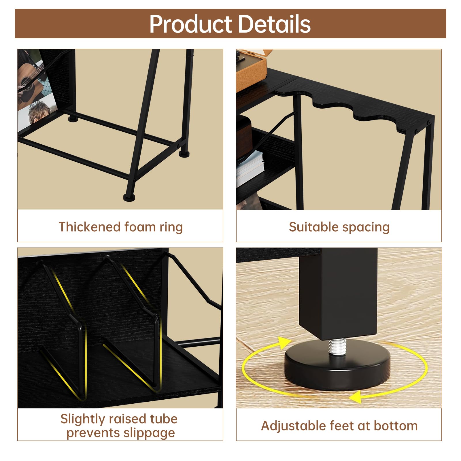 Hosfais Record Player Stand, 3 Tier Guitar Stand for Acoustic, Electric Guitar, Bass Stand, Vinyl Record Storage Up to 200 Albums, Brown Records Shelf for Living Room Bedroom (Vintage Brown)