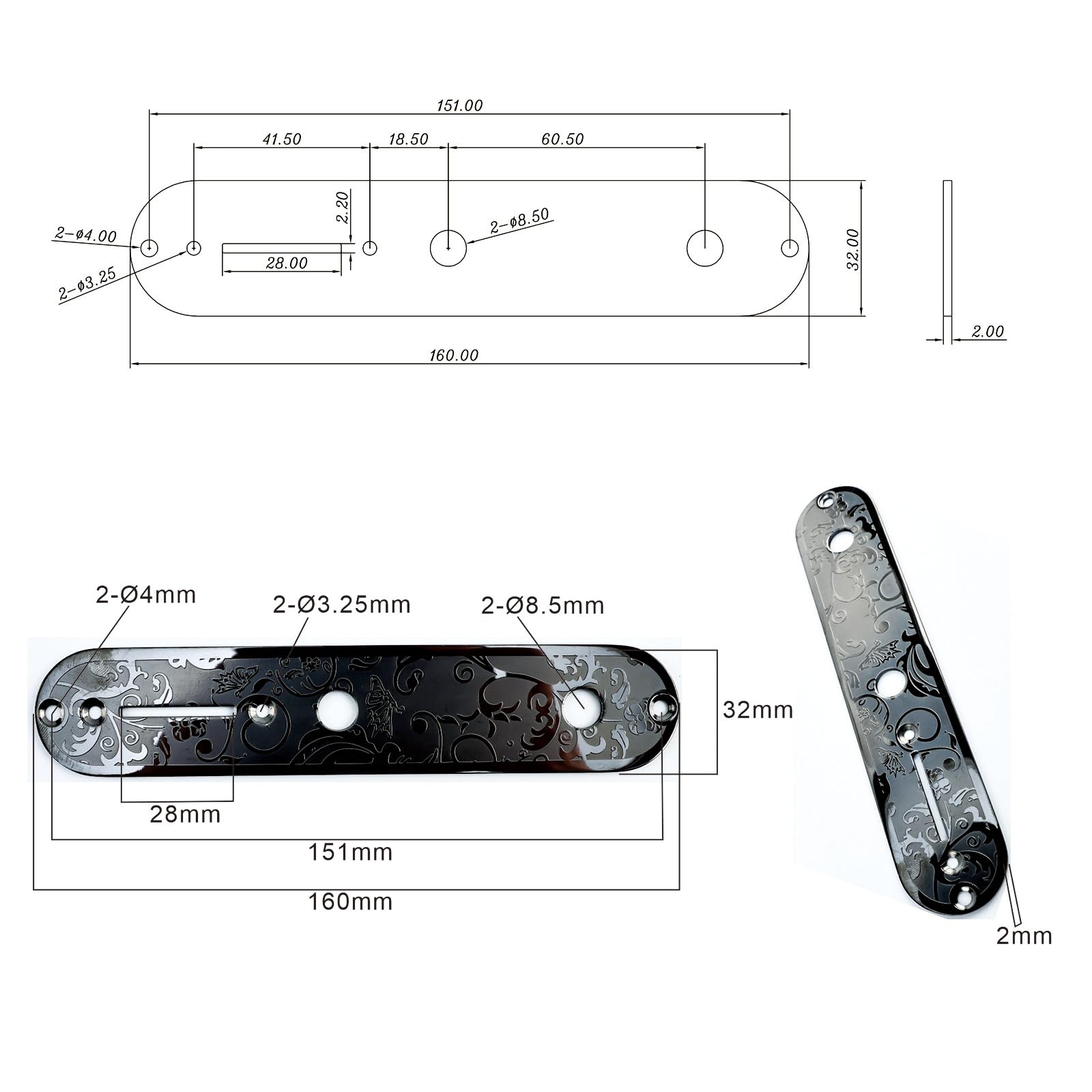 OVSAL Stainless Steel Engraved Electric Guitar Control Plate 2-Hole Mount 8.5mm (21/64″) Control Panel Compatible with Most Telecaster Tele Style Guitar Replacement Parts(Black)