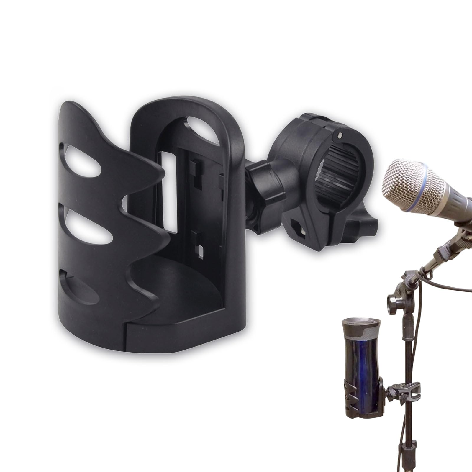 BRBASAP Stand Cup Holder Clamp Attachment Microphone Stand Adjustable Water Bottle Drink Caddy Mount for Music Handle Bar Pole or Gaming Chair Motorcycle Desk with Clip and Luggage Attachment, balck
