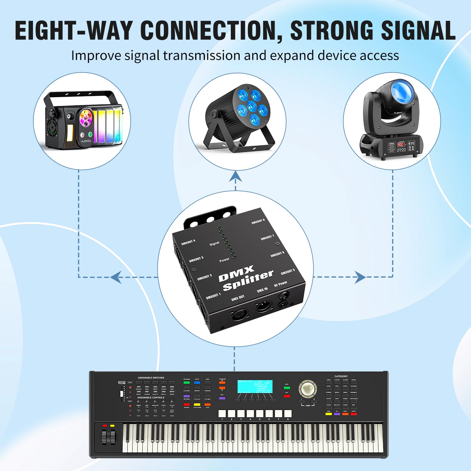 8-Way Isolated DMX512 Splitter Amplifier Distributor with 3-Pin Outputs XLR Signal Amplifier Transmitter Receiver for DJ Party LED Stage Lighting