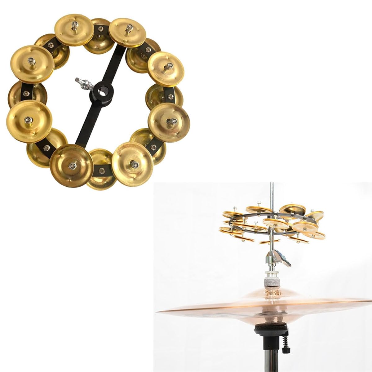 TUOREN 5.5″ Mountable Symbal Hihat Tambourine with 8 Double Row Steel Jingles for Drum Set Golden