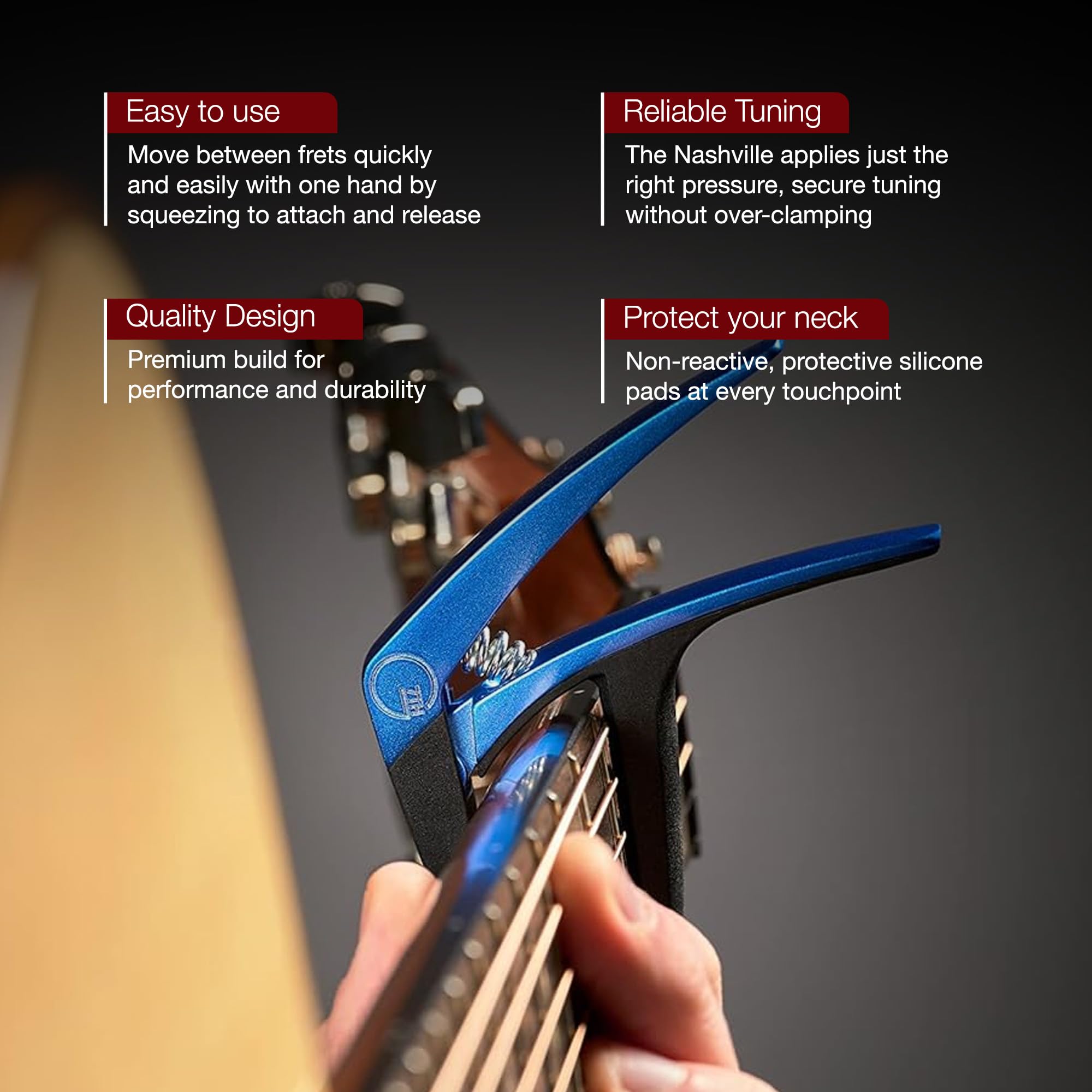 G7th Nashville 6 String Blue Guitar Capo – Lightweight and Low Profile with Protective Silicone Pads – The Perfect Capo for Acoustic and Electric Guitar – UK Designed