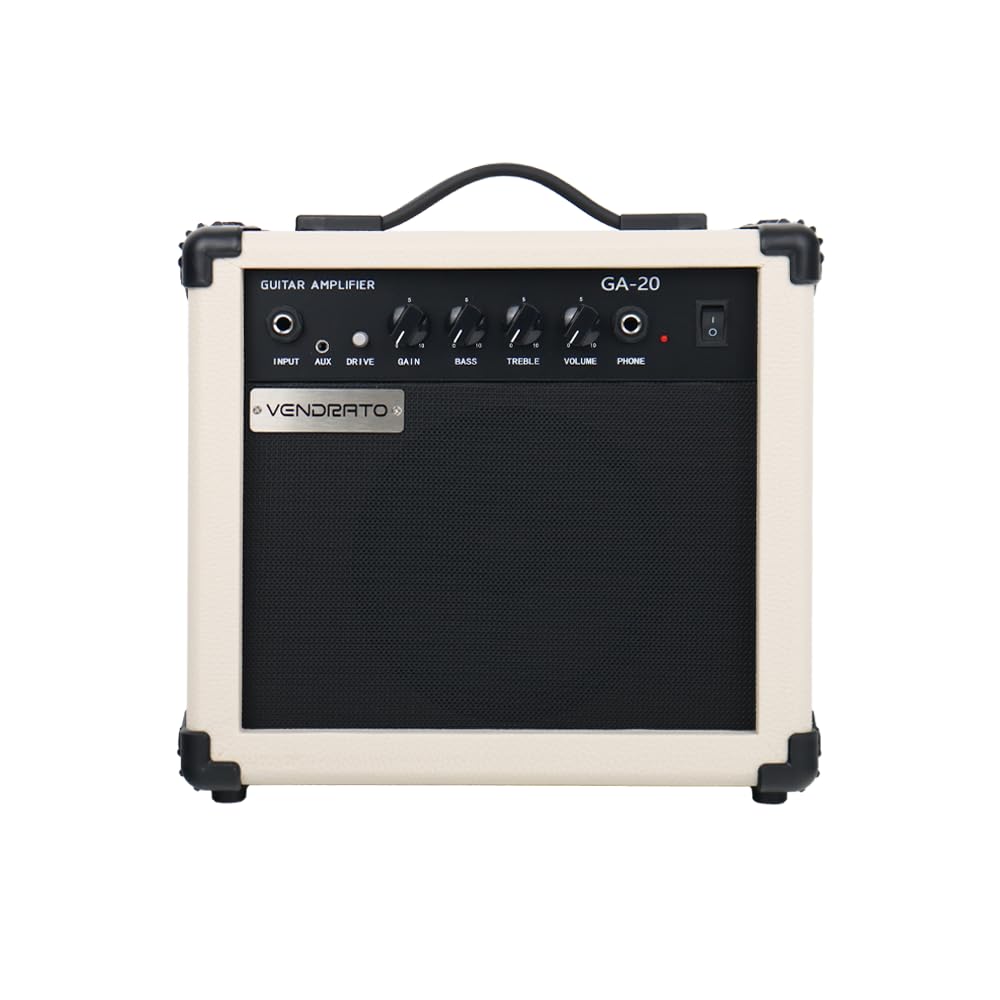 Electric Guitar Amplifier 20w amp Cream White Color gain bass Treble 3.5mm aux in Drive 6.5mm Guitar Input Headphone Portable for Beginner Starter Practice Travel amp noiseless Cable Pick and Adapter