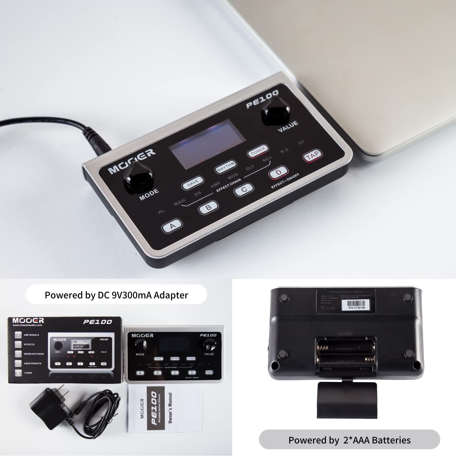 MOOER PE100 Portable Depstop Guitar Multi Effects Headphone Amp Pedal Practice Tool with Drum Machine, TAP Tempo