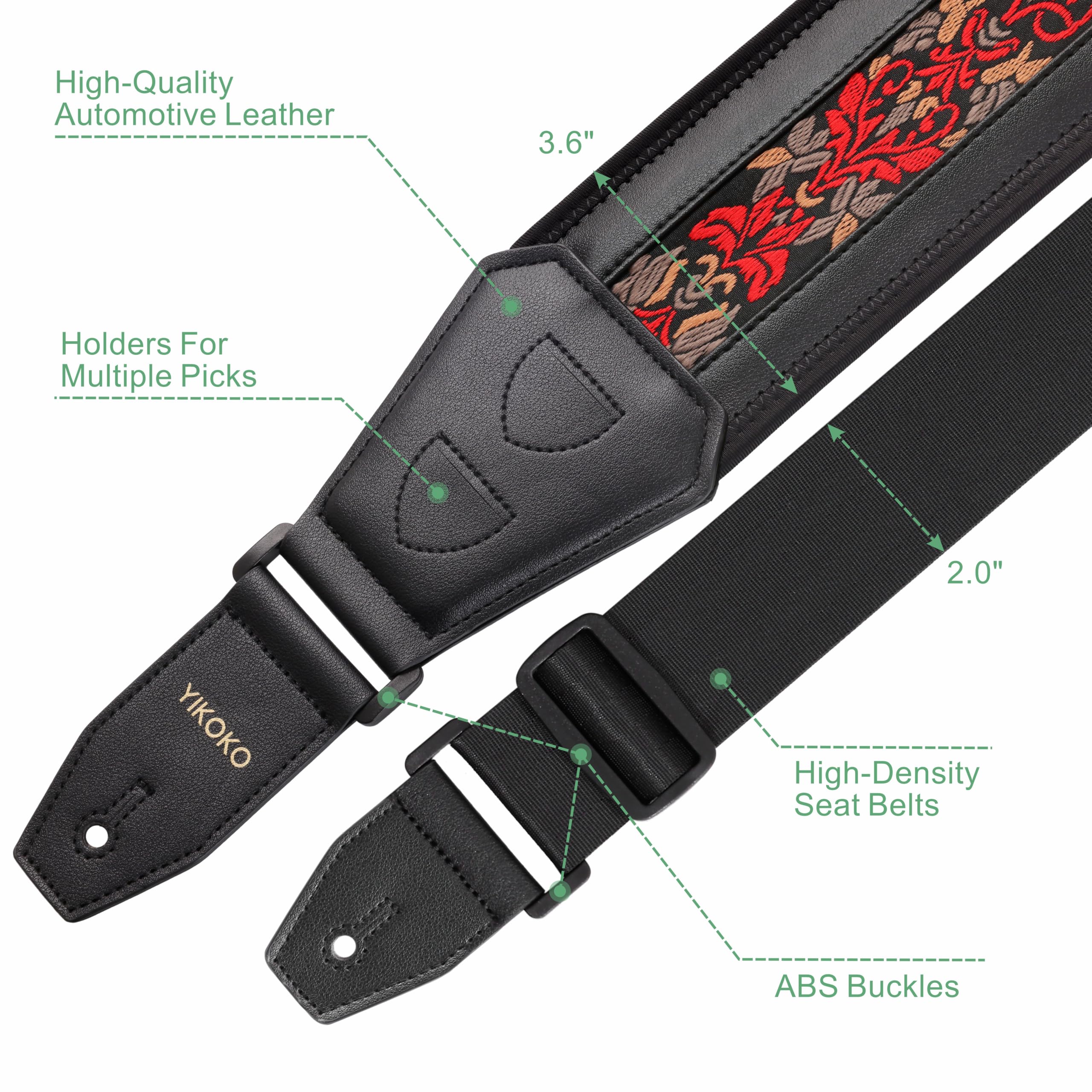 YIKOKO Bass Guitar Straps for Electric Guitar & Bass 3.6″ Wide Padded Straps, Cotton Embroidered, Adjustable Length, with 3D Sponge Filled Foam Pad, with 4 Picks and 2 Strap Locks