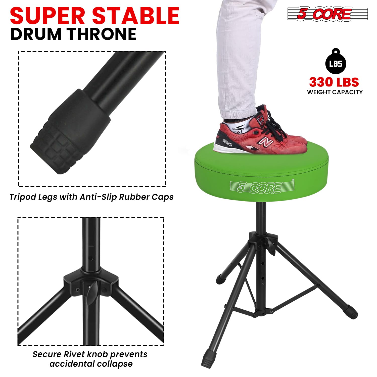 5 CORE Drum Throne Padded 3″ Seat Adjustable Drumming Stool Green