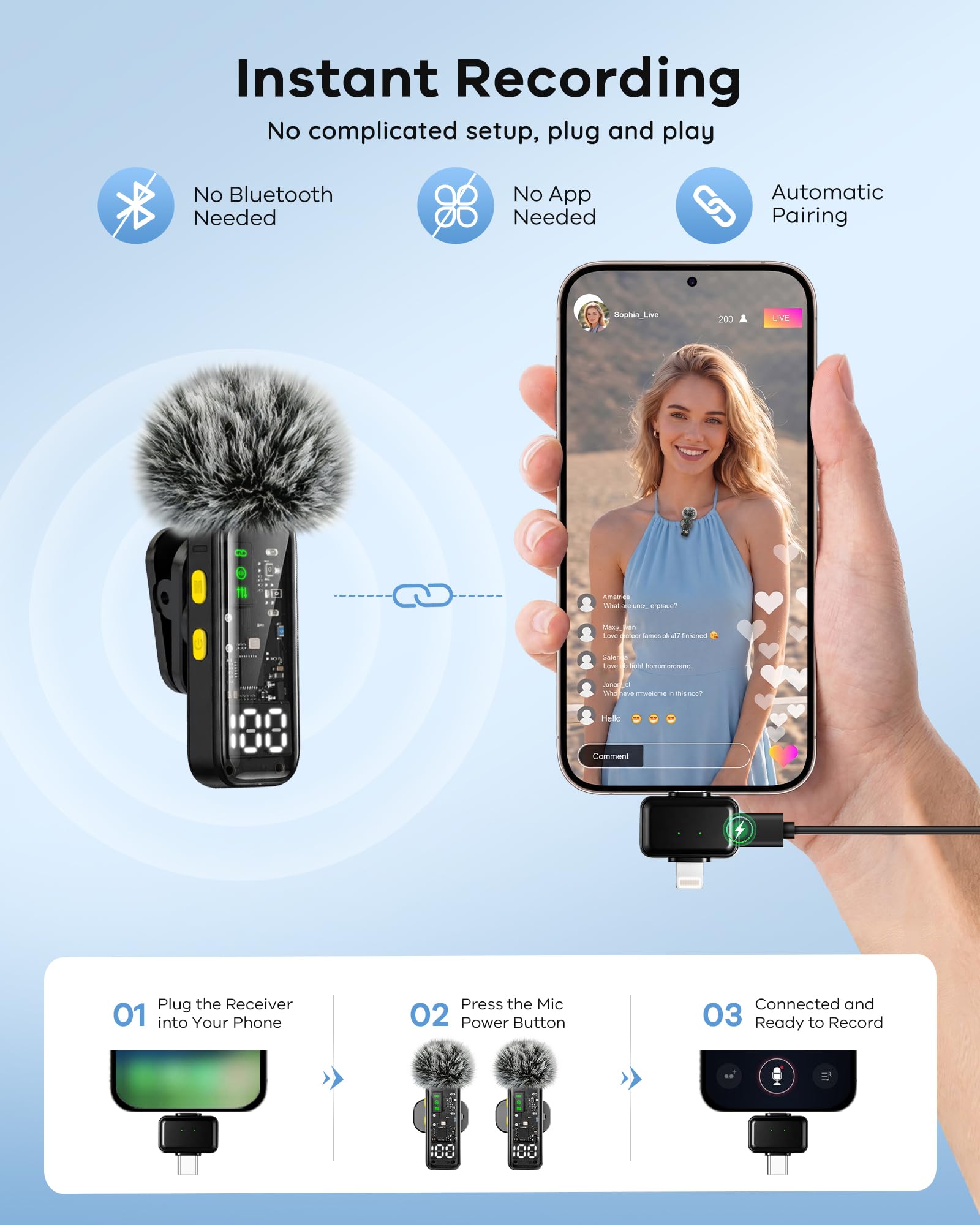 Gicorino 2 Pack Wireless Lavalier Microphone for iPhone, 30H Charging Case