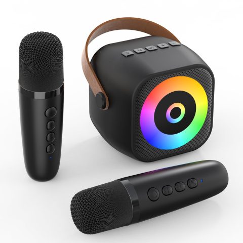 RIKGYHA Mini Karaoke Machine, Portable Bluetooth Karaoke Speaker with 2 Wireless Mics for Kids and Adults, Birthday Gifts for Girls and Boys 3-12+ Years Old Birthday Party Home Black