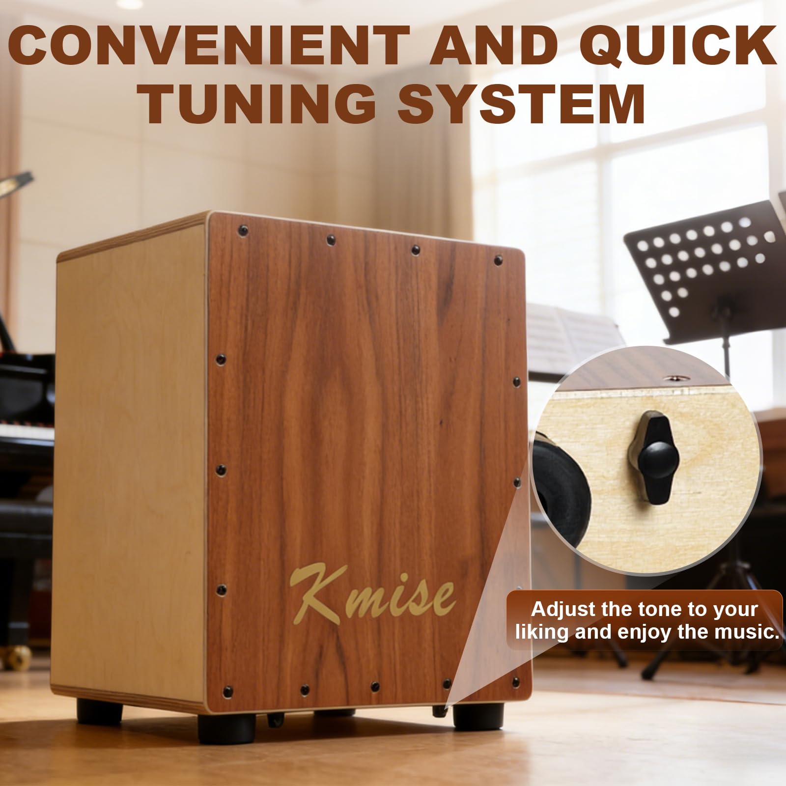Kmise Portable Cajon Drum Box, 11.8×12.2×14.5″ Adjustable Snare Cajons Drums, Solid Acacia & Birch Wood, Percussion Instrument Gift for Adults Kids, With Carry Bag,for Home Live Performance Practice