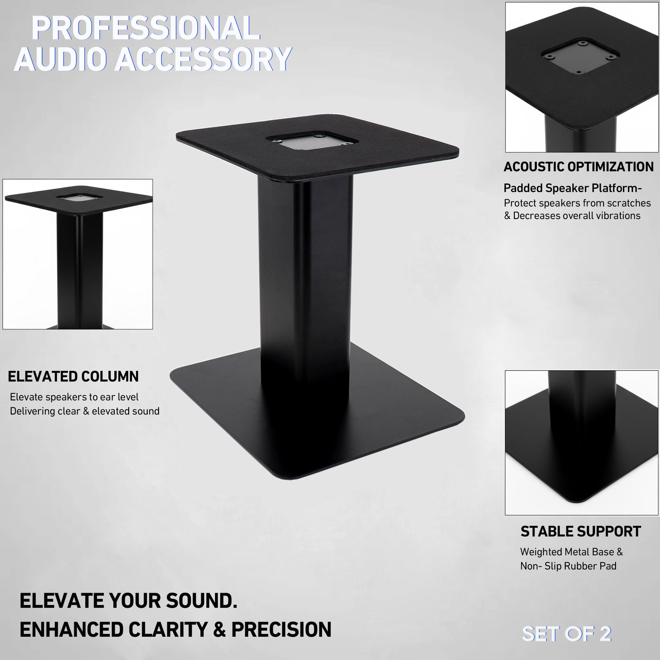Tlingt Desktop Speaker Stands Pair, 6″x6.7″ Metal Tray, 8″ Tall