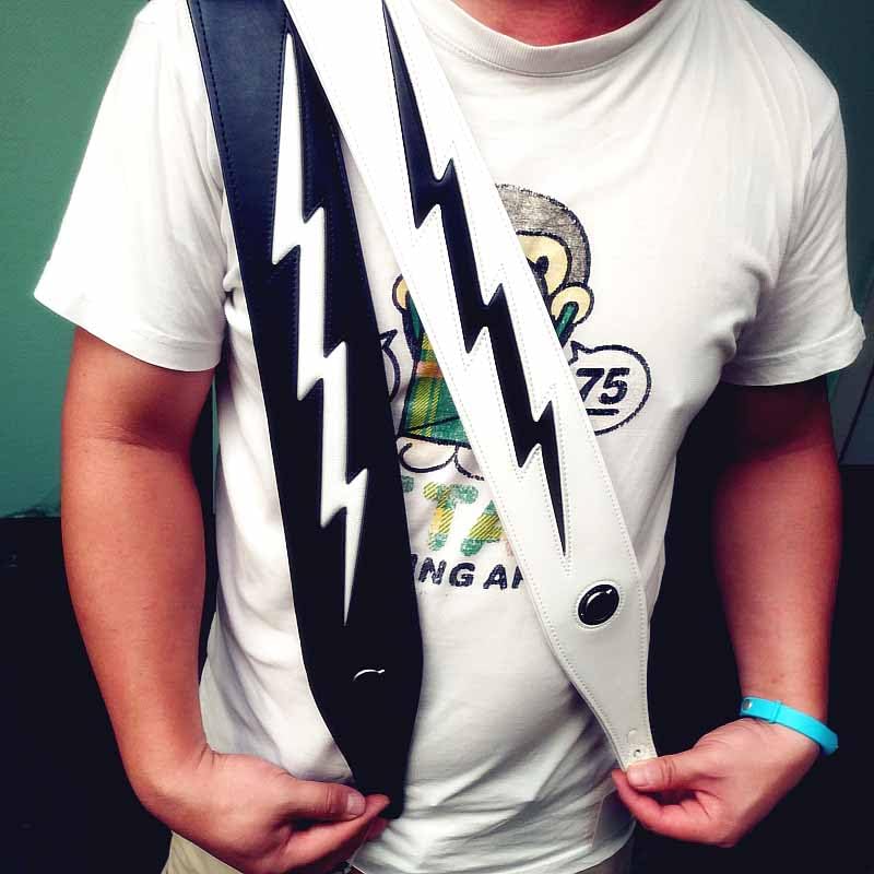 adiya Guitar Strap with Lightning Bolt for Electric Guitars/Bass, Leather Adjustable Length,Black/White/Red Available (White body black lightning)