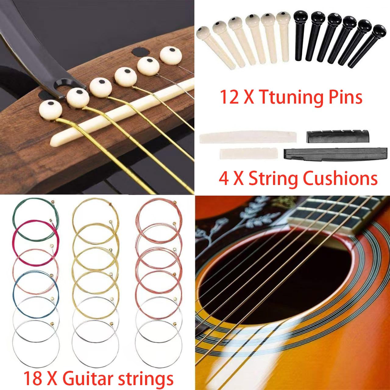 PUWANY 60 PCS All-in-One Acoustic Guitar Maintenance & Starter Kit | Includes Strings, Thumb Picks, 3-in-1 Restring Tool, Bridge Pins, Strap, Picks, Fretboard Stickers