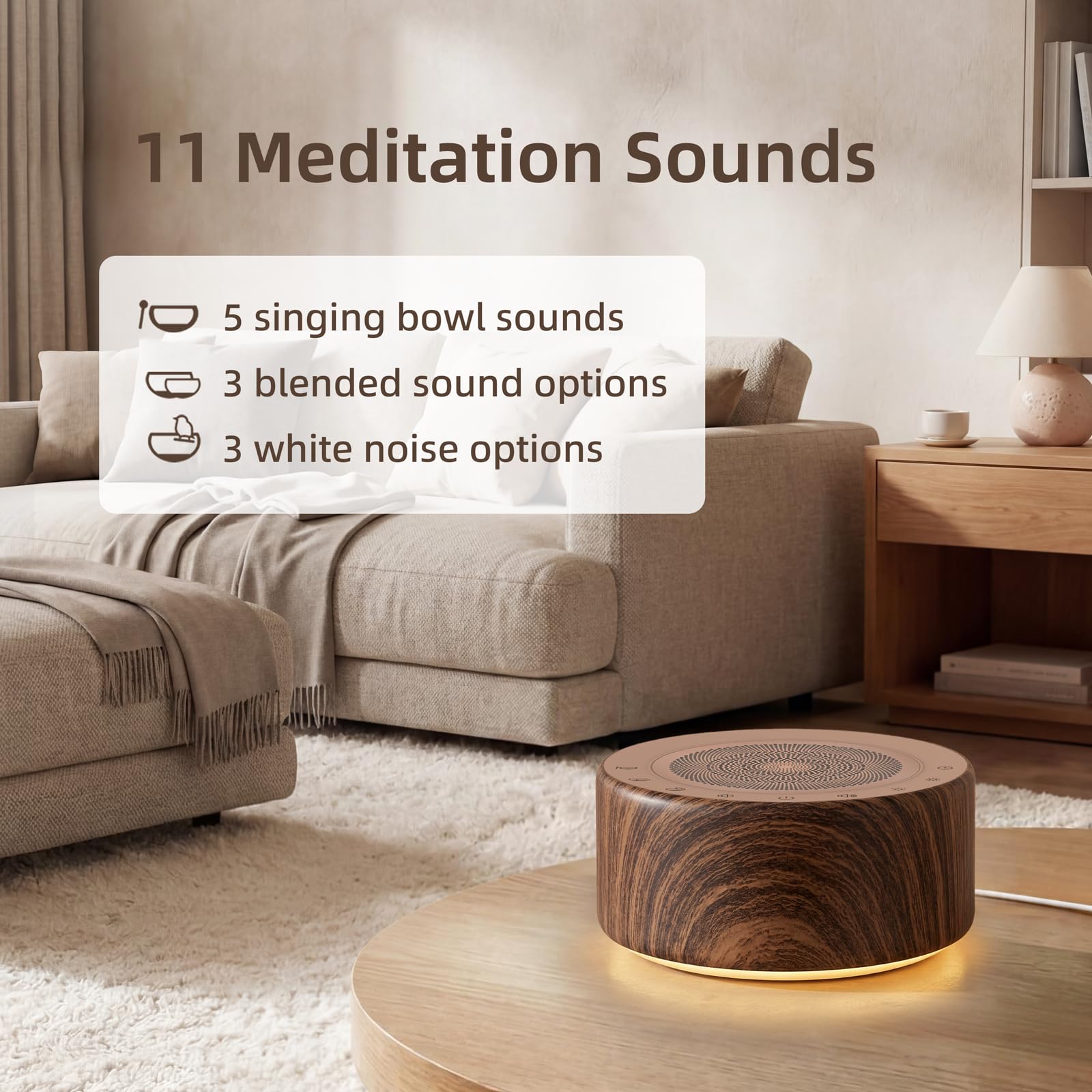 Tibetan Meditation Singing Bowl Sound Machine, 11 Authentic Singing Bowl & Relaxing Sounds, Premium Wood-Style Design, 7-Color Night Light, Timer & Memory, for Meditation, Yoga, Sleep & Mindfulness
