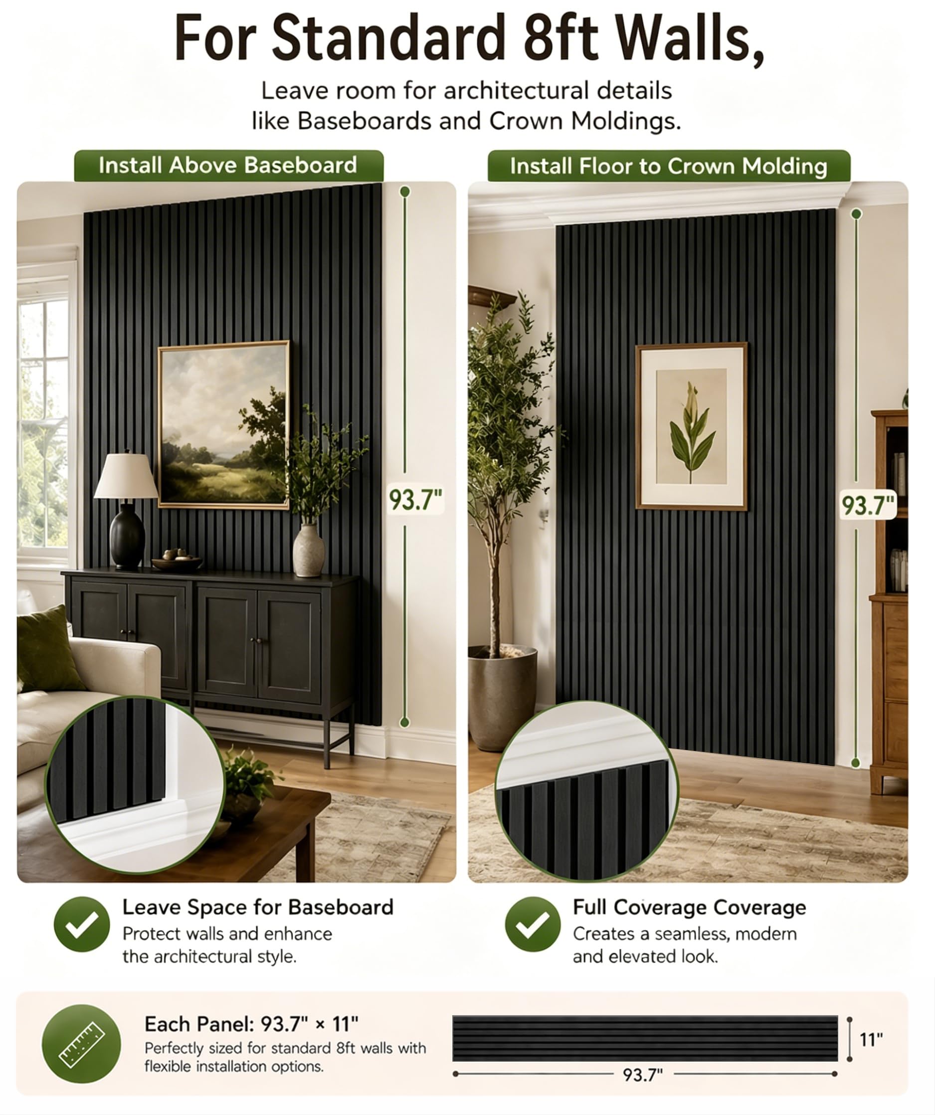 Wood Slat Wall Panels – 4 Pack 93.7″ × 11″ – Acoustic Panels Noise Reduction for Home Office Studio, 3D Fluted Sound Dampening Absorbing Panels, Matte Black