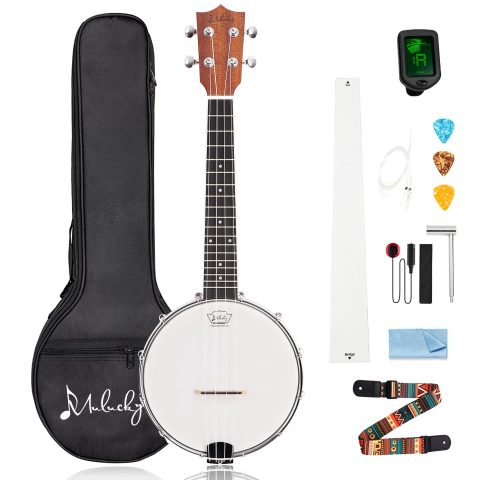 Mulucky 4-String Banjo Ukulele | Banjolele 23″ Sapele Wood with Remo Head & Nylon Strings | Dark Brown Travel Kit (Bag, Tuner, Picks) – BU806