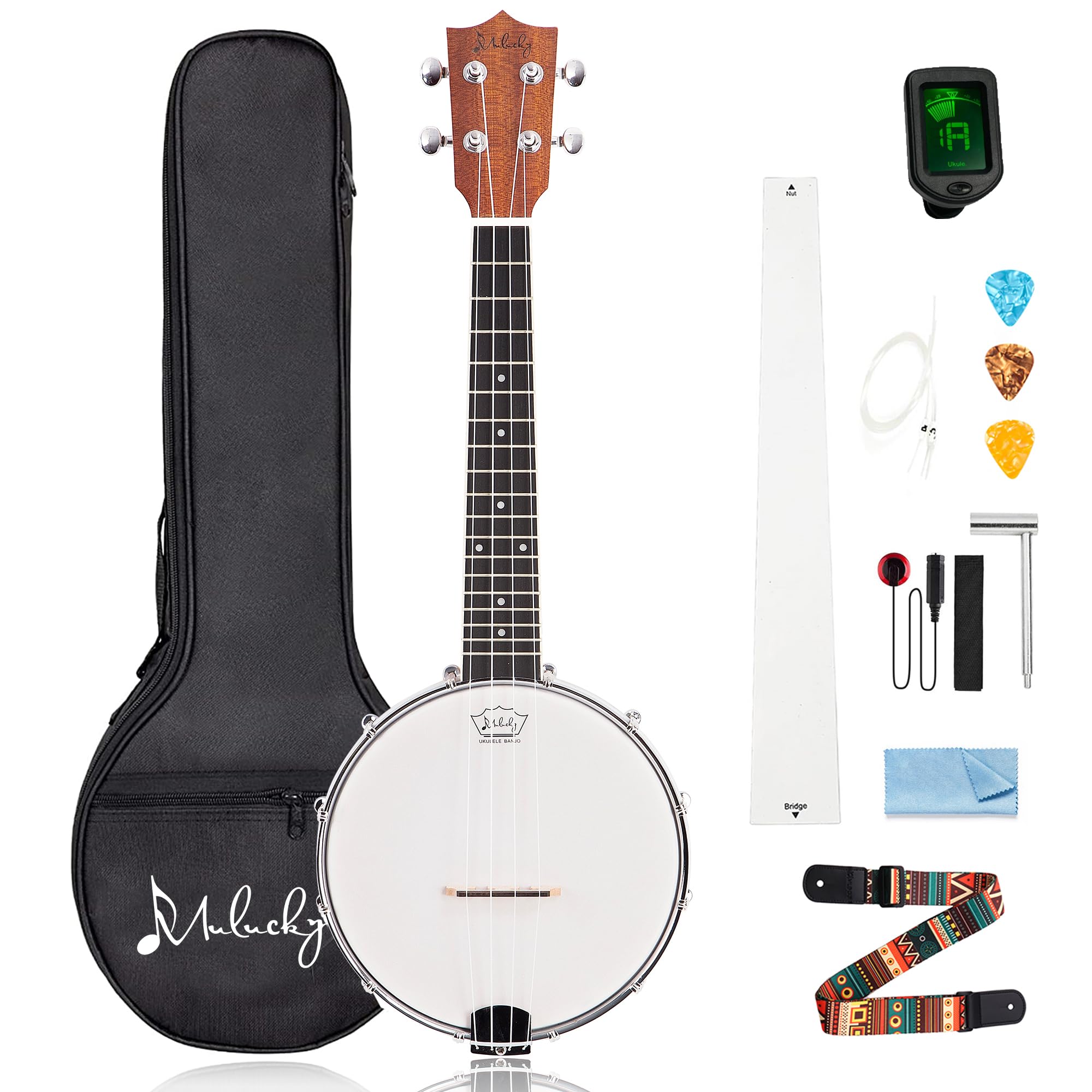 Mulucky 4-String Banjo Ukulele | Banjolele 23″ Sapele Wood with Remo Head & Nylon Strings | Dark Brown Travel Kit (Bag, Tuner, Picks) – BU806