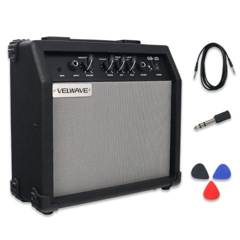 Electric bass Guitar Amplifier 20W Portable Practice amp Black Color Quality Workmanship mp3 6.5” inch Speaker Input Treble Middle bass Volume Headphone Jack Easy Control Plate