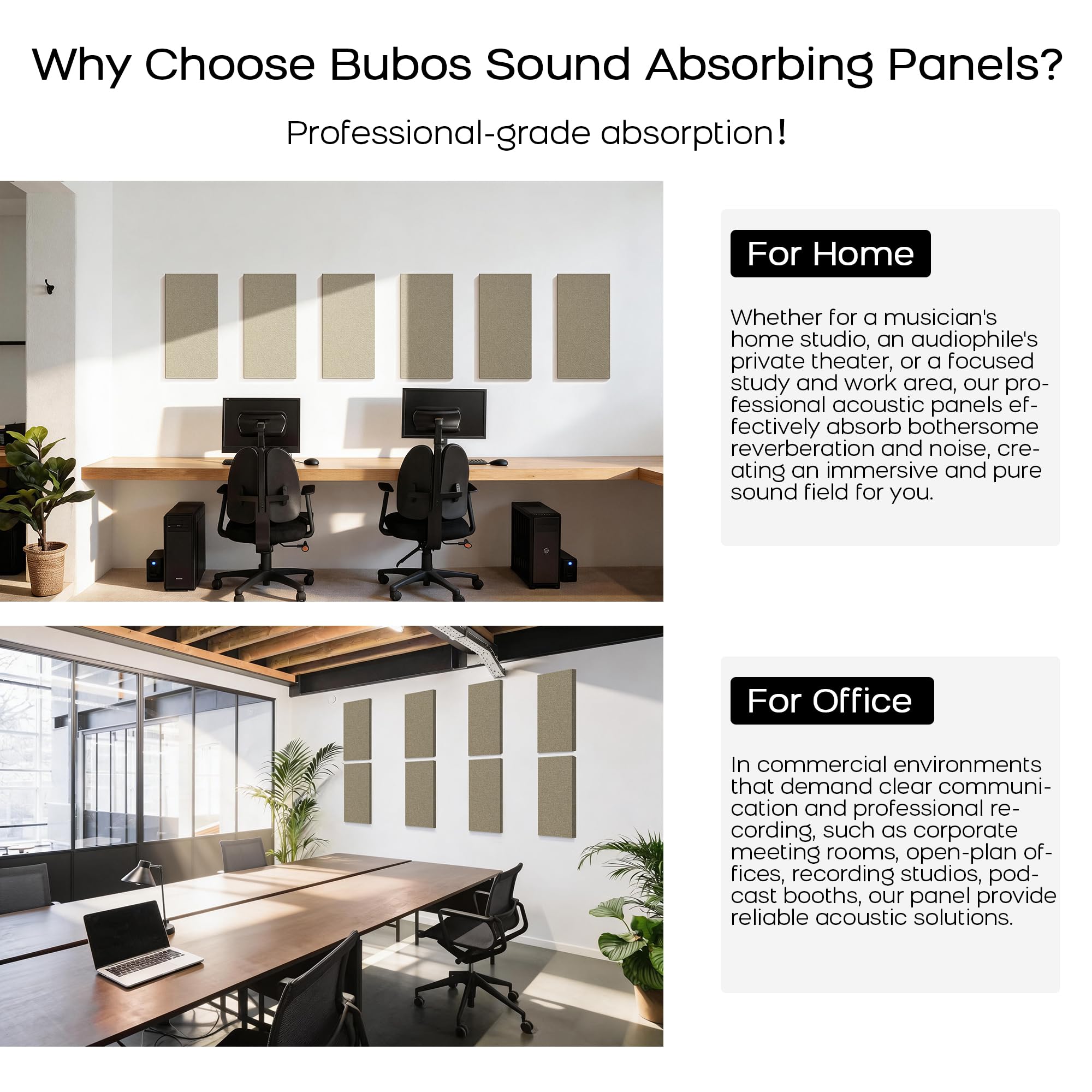 BUBOS 2-Pack Fabric Acoustic Panels 23.6×11.8×1″, Self-Adhesive Sound Panel