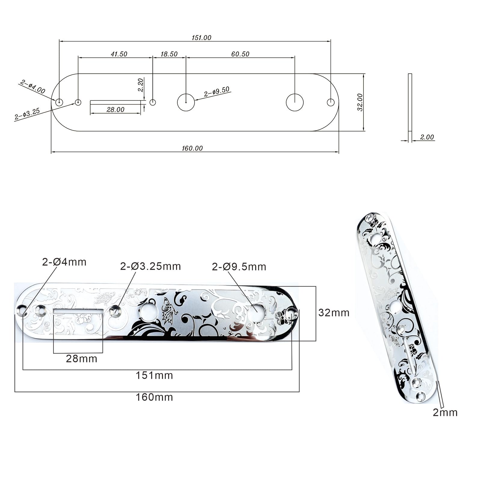 OVSAL Stainless Steel Engraved Telecaster Control Plate 2-Hole Mount 9.5mm (3/8″) CNC Electric Guitar Control Plate Compatible with Most Fender Tele Style Guitar Replacement Parts(Chrome)