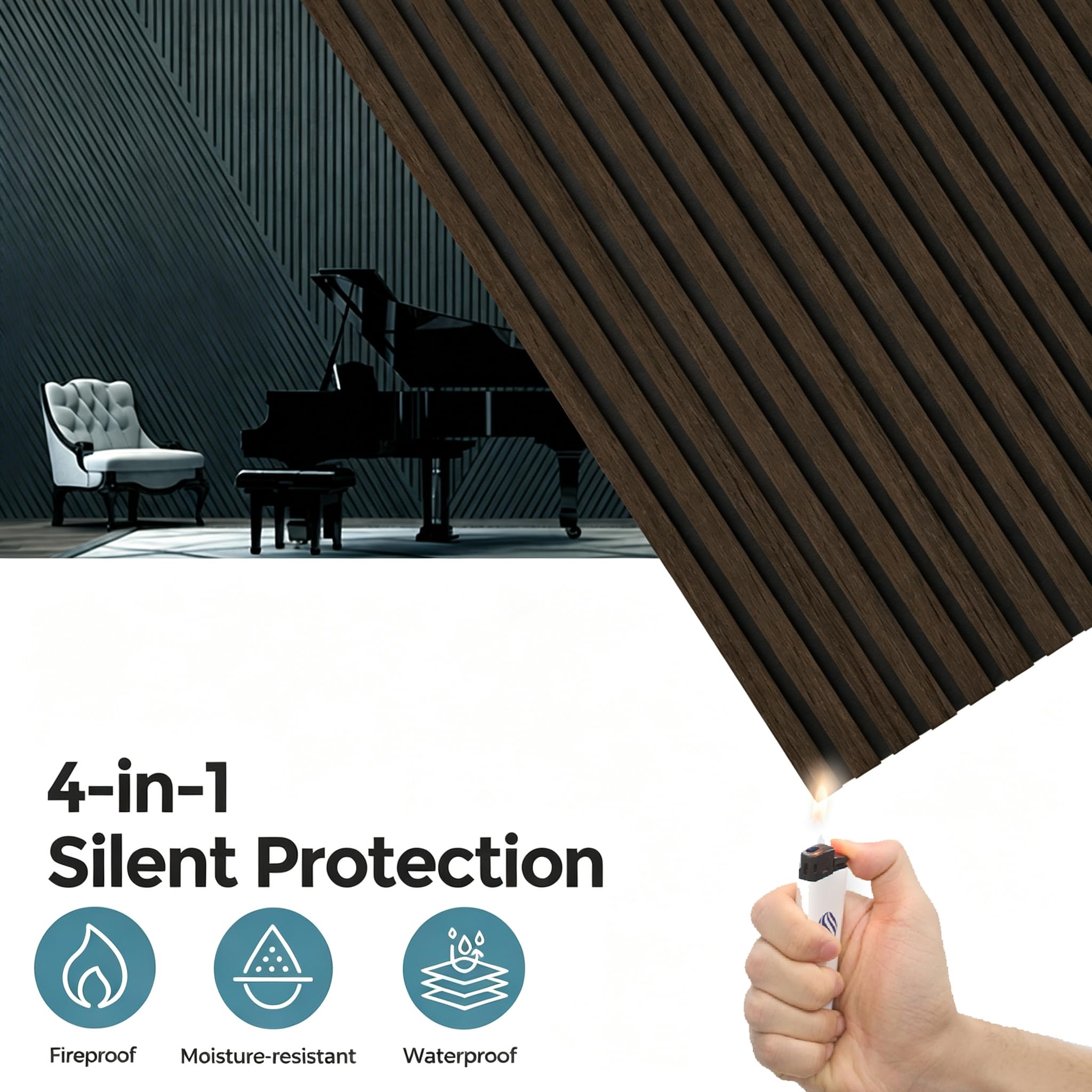 AKUMAX Extra-Thick 0.7″ Wood Slat Acoustic Wall Panels, 4 Pack 47.2″ x 23.6″, 31 ft², NRC 0.80 Sound Absorbing 3D Slat Wall Paneling with Real Wood Veneer, E0 MDF and PET Felt, Black Walnut