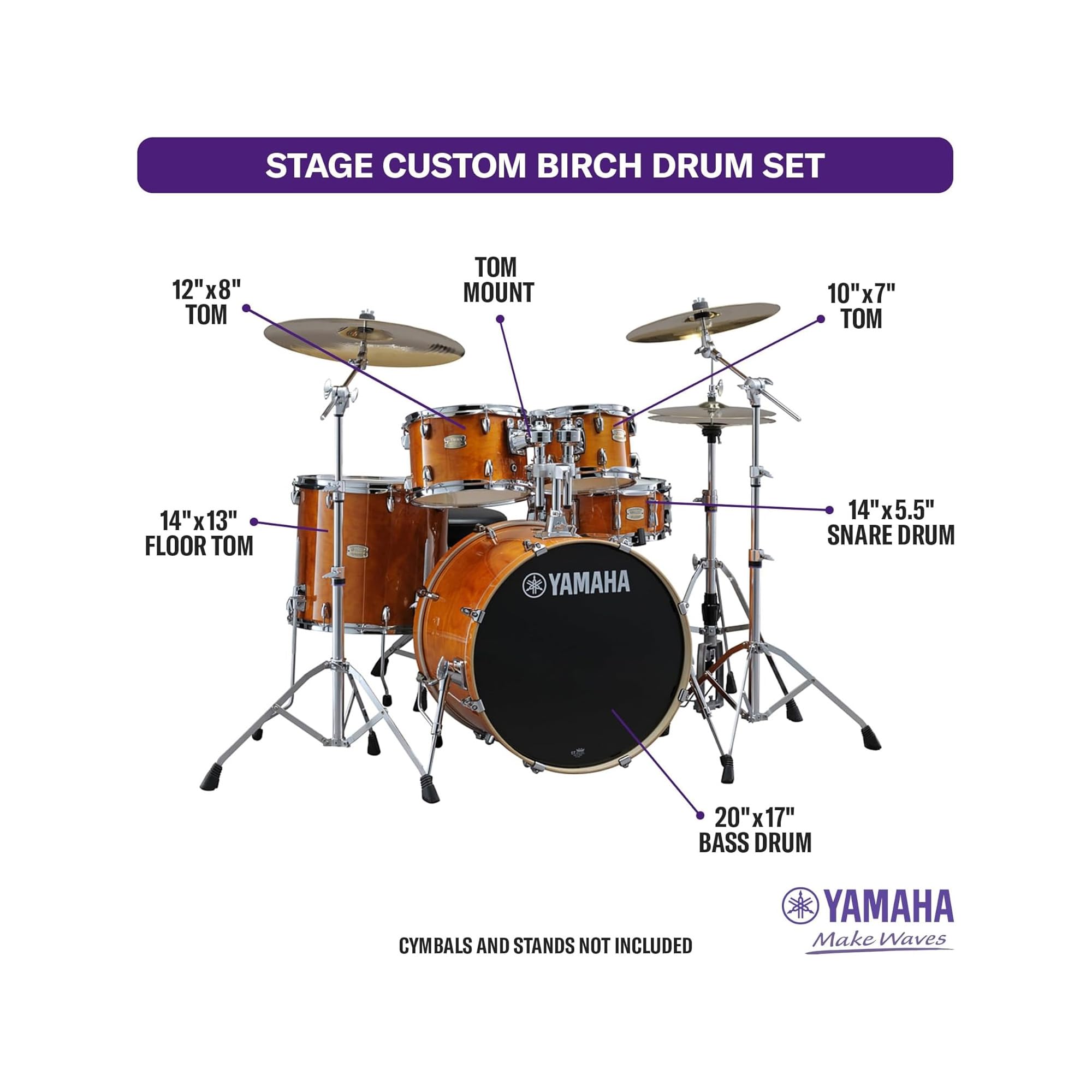 Yamaha Stage Custom Birch 5pc Drum Shell Pack With a 22″ Kick Drum and 14” Snare Drum in Honey Amber For Students and Working Drummers (SBP2F50HA)