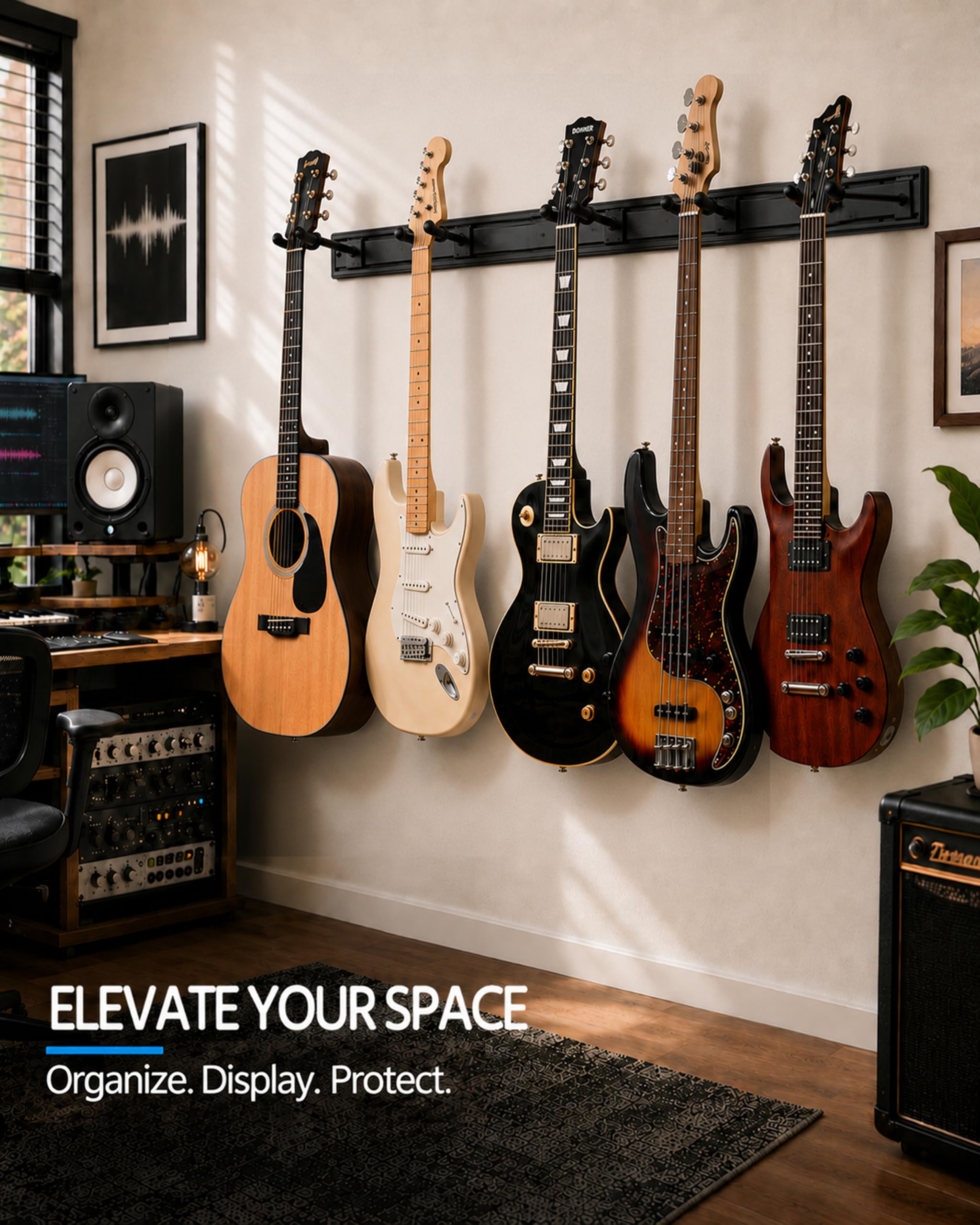 Guitar Wall Mount for Multiple Guitars, Adjustable Guitar Wall Rack with Rubber Cradles & Fixed Clips, Aluminum Guitar Hanger Organizer for Acoustic Electric Guitar, Bass, Violin, Ukulele Storage Display- 5 Hangers
