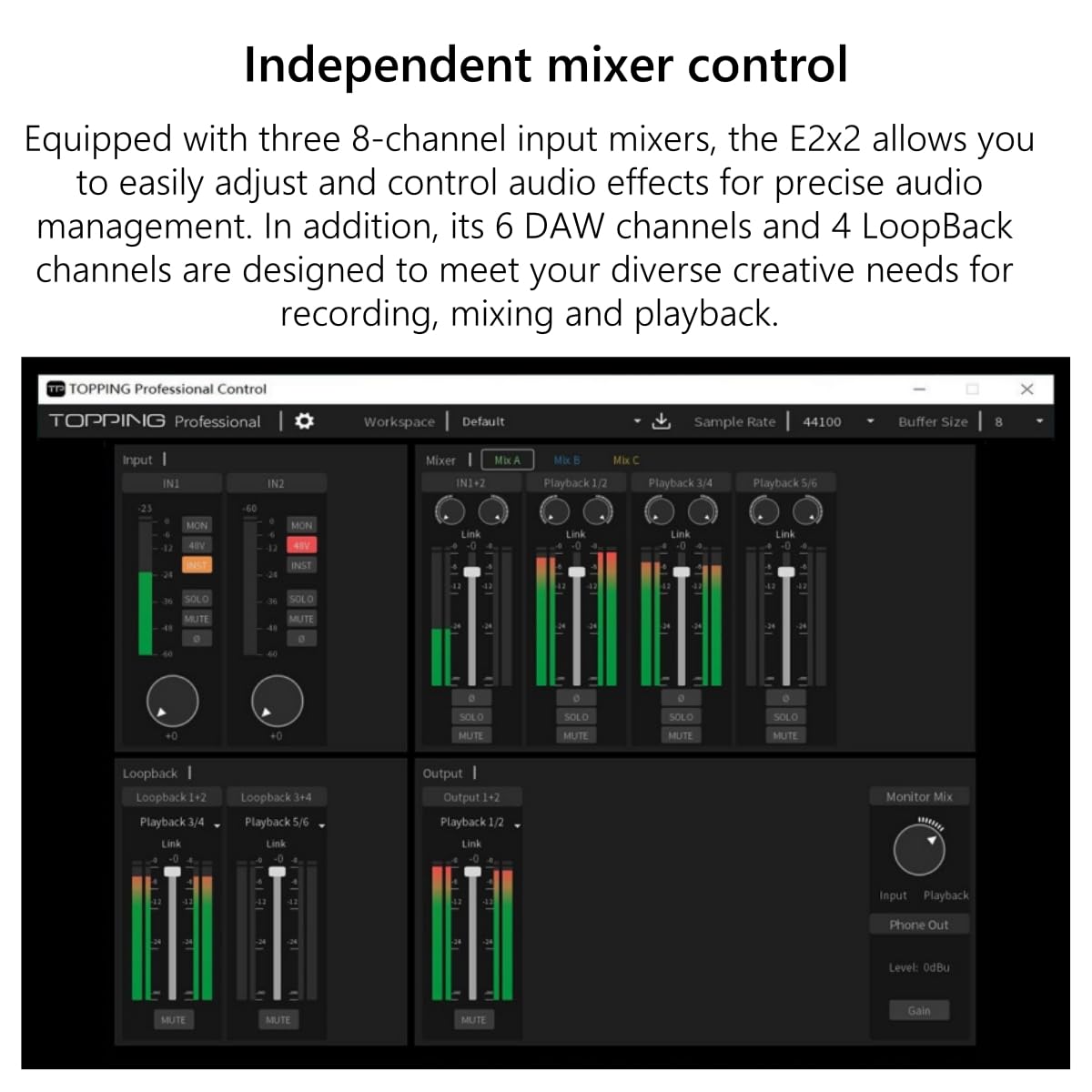TOPPING E2X2 USB Audio Interface – High-Performance Mixer & Recording Interface for PC, Mac, iPhone & Android – Ultra-Linear Preamp, 48V Phantom Power, Low Noise, Real-Time Monitoring (White)