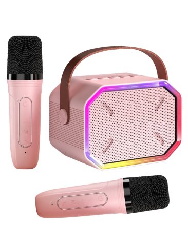 Karaoke Machine for Kids and Adults, Mini Portable Bluetooth Speaker with 2 Wireless Microphones, Kids Gift for Girls Boys Family Party Birthday (Pinkcolor)