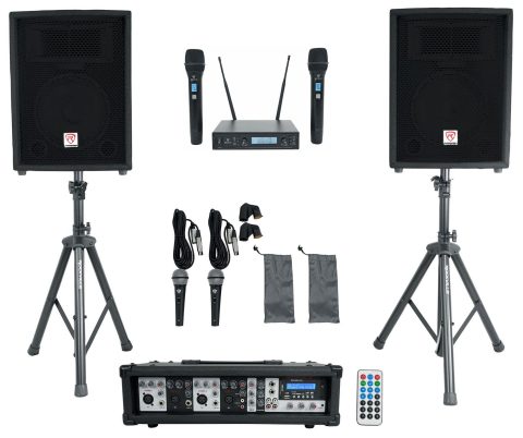 Rockville RPG2X10 10″ PA Speaker Pair with Mixer and 2 UHF Wireless Mics