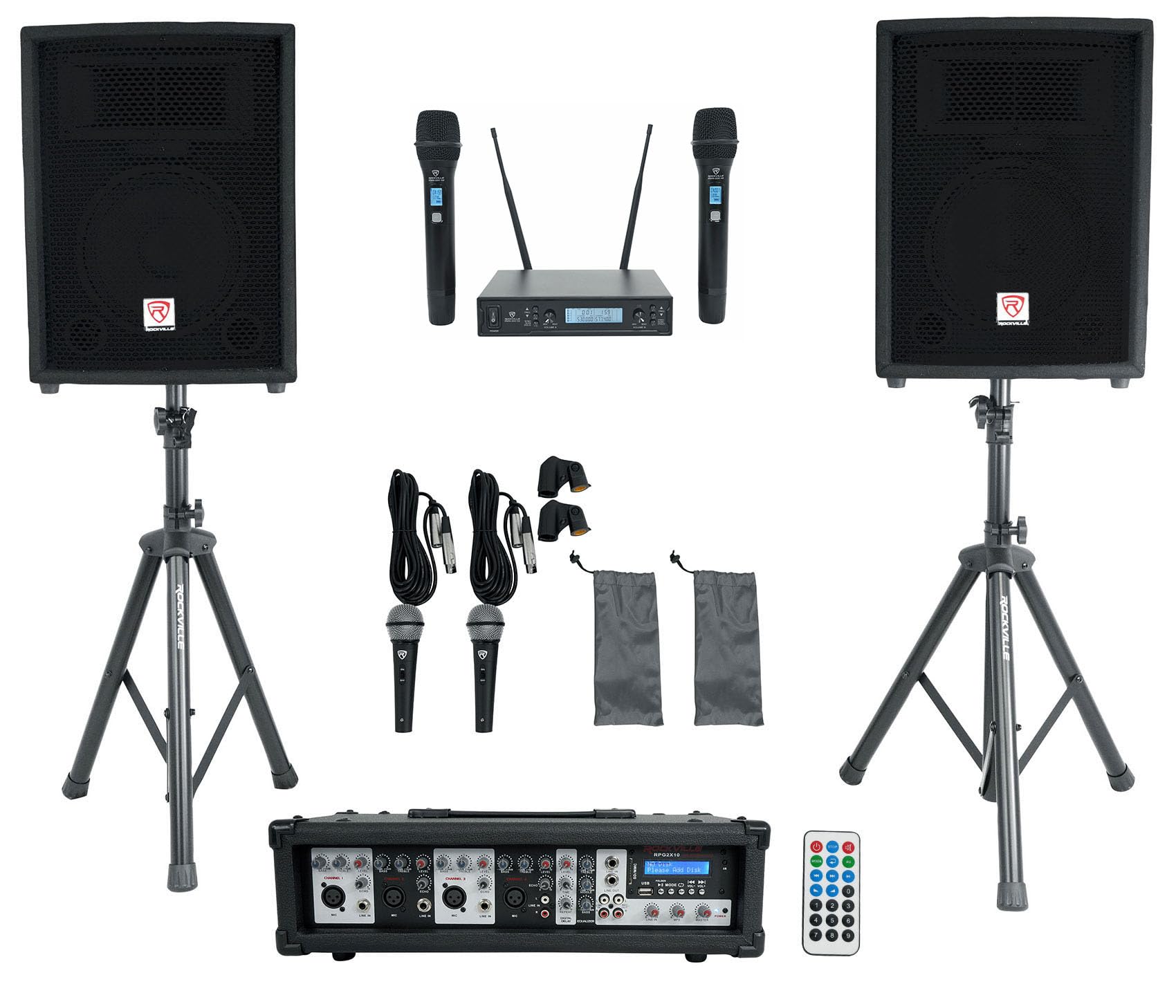 Rockville RPG2X10 10″ PA Speaker Pair with Mixer and 2 UHF Wireless Mics