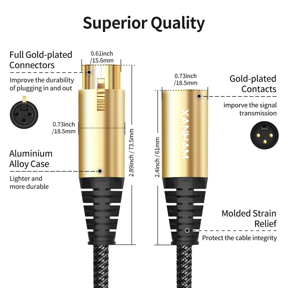 XANHAM XLR Cable 10 Feet/3 Meter 3 Pin Microphone Female to Male Balanced Shielded Cable, Fibre Braiding with 22AWG Oxygen-Free Copper(OFC) Mic Cord for Speaker and Audio System