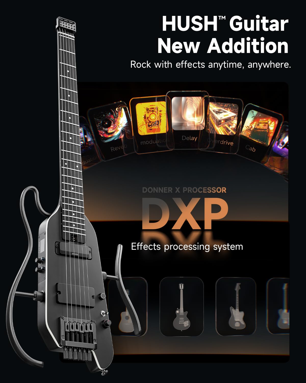 Donner HUSH X PRO Electric Guitar Kit – Smart Travel Guitar with Dozens of Preset Combinations, 7 Tone Sim Options, Black