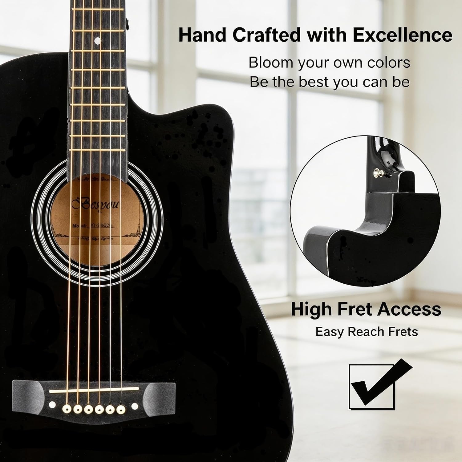 38 inch Black Acoustic Guitar Beginner Kits, 3/4 Cutaway Wood Acustica Guitarra for Beginners Adults with Online Lesson,Gig Bag,Picks,Steel Strings Strap with Picks Holder