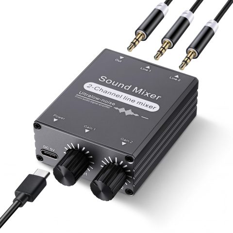 Hohean 2 Channel Stereo Audio Mixer, 3.5mm 2 In 1 Out, Dual Volume Control