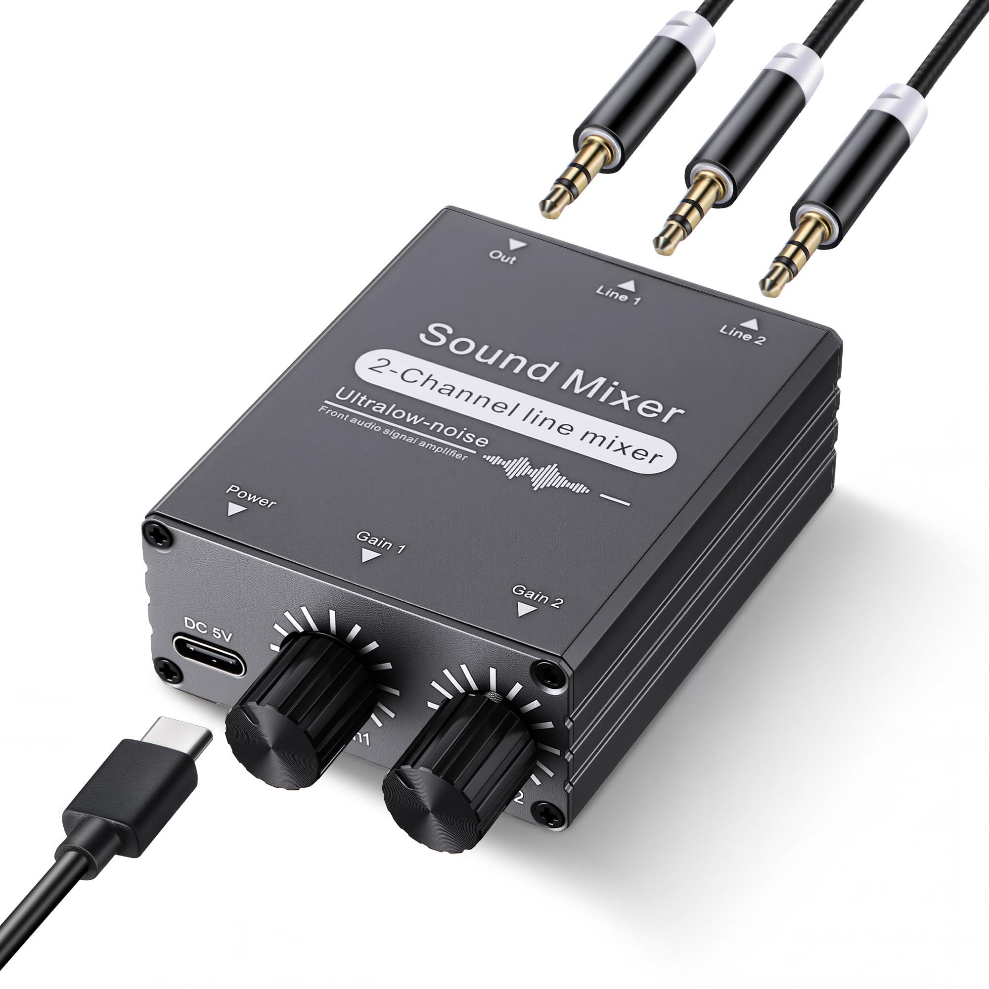Hohean 2 Channel Stereo Audio Mixer, 3.5mm 2 In 1 Out, Dual Volume Control
