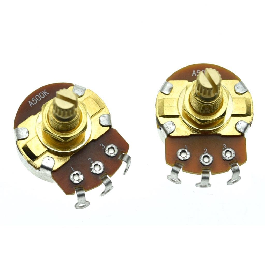 KAISH Pack of 2 Full Size Metric Guitar Bass Pots with 18mm Brass Shaft Audio Taper Potentiometers A500K