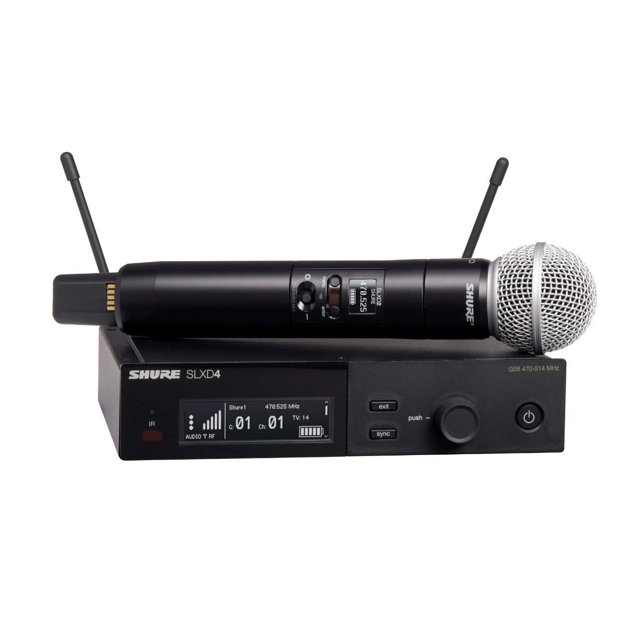 Shure SLXD24/SM58 Digital Wireless Microphone System – Includes SLXD2 Handheld Transmitter with SM58 Vocal Mic Capsule and SLXD4 Single Channel Rack Mount Receiver | J52 Band (SLXD24/SM58-J52)