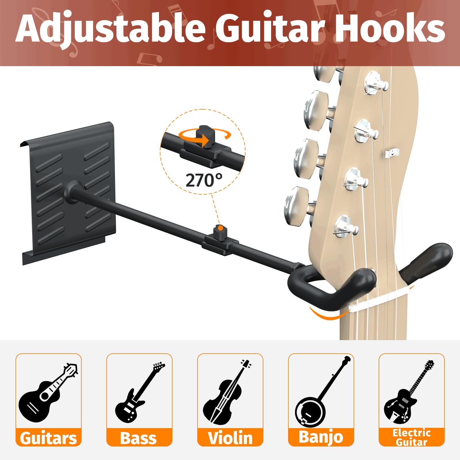 hjooytoi Guitar Wall Mount, Woodgrain Rack With 6 Adjustable Guitar Hangers, Guitar Wall Hanger With Pre-Drilled Holes, 48″ Alloy Steel Multiple Guitar Holder Stand,Brown