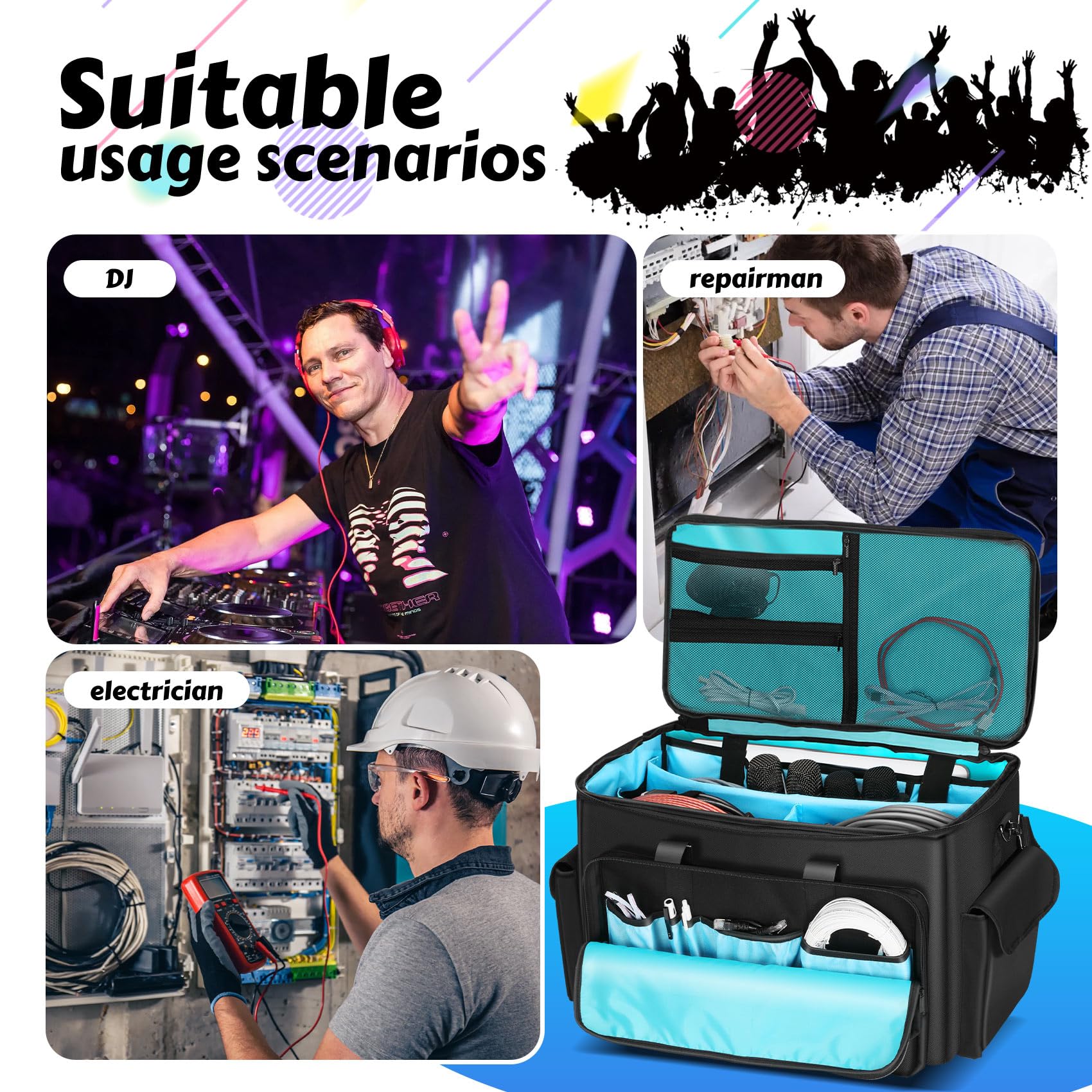 DJ Cable Bag, Rolling DJ Cable Bag with Detachable Trolley & Dividers