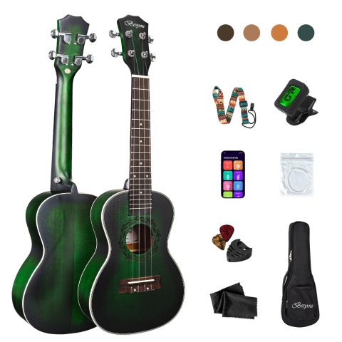 Besyou 23 inches Ukulele Uku Beginner Kids and Adult Student Travel Wooden Concert Mahogany Ukelele Kits with Tuner Gig Bag Strap Carbon Nylon String Picks Cloth Gift Choice (Green)