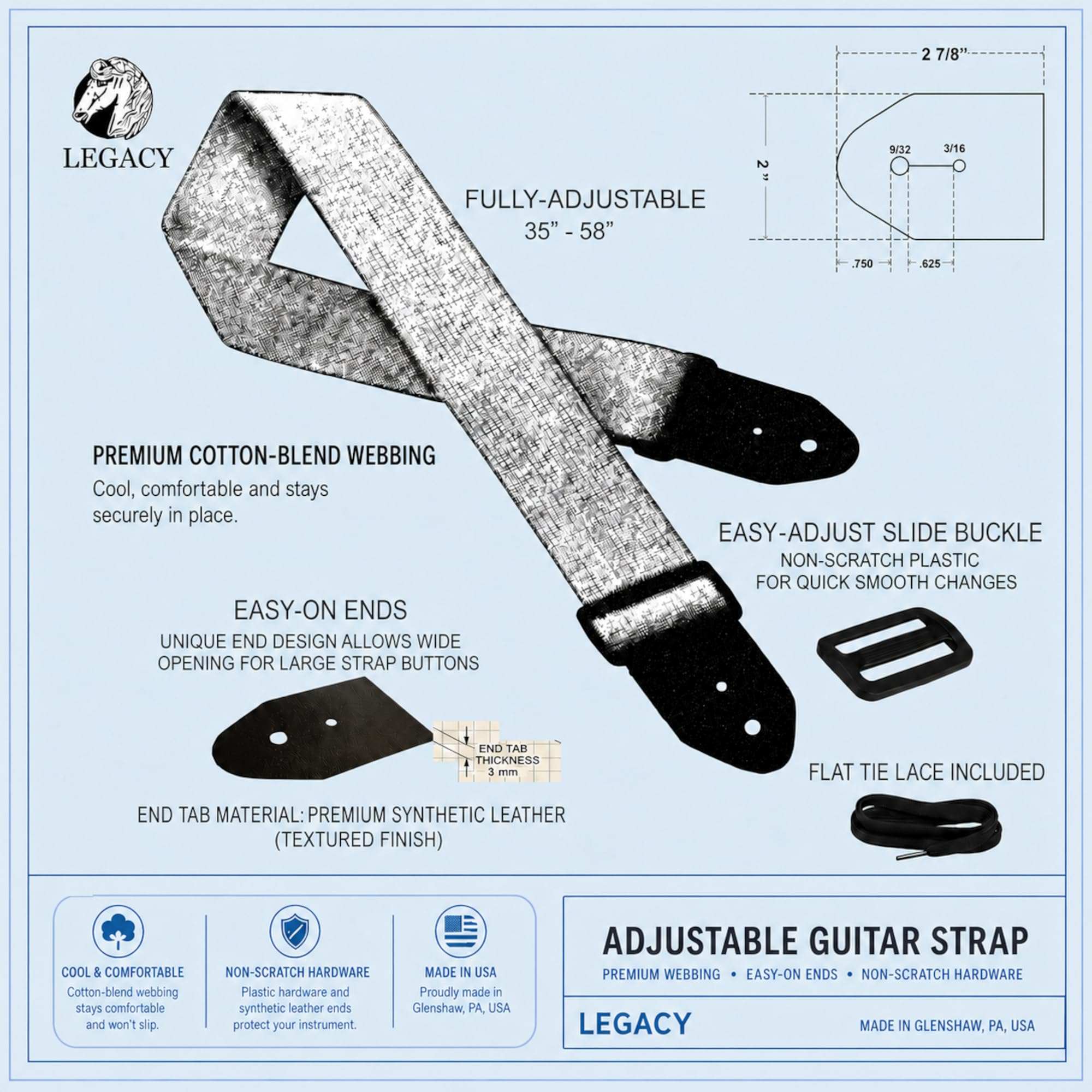 Legacystraps Christian Guitar Strap 2 Inch Wide Cotton Strap with Carpenters Cross Design