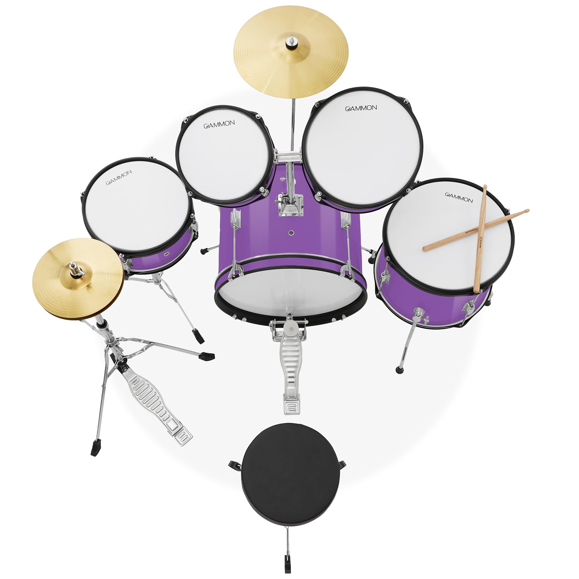 Gammon Percussion 5-Piece Kids Drum Set, Complete Junior Drum Kit with Cymbals, Hardware, Sticks, & Throne – Purple