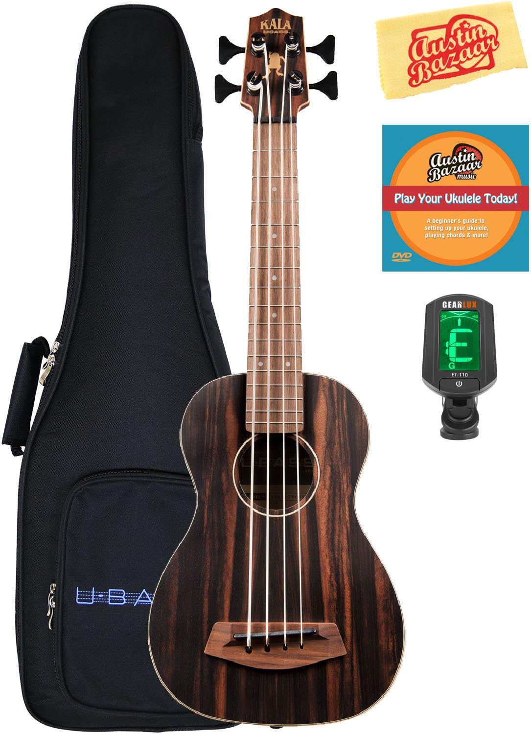 Kala UBASS-EBY-FSRW Striped Ebony Round Wound Acoustic-Electric U-Bass Ukulele Bundle with Gig Bag, Tuner, Austin Bazaar Instructional DVD, and Polishing Cloth