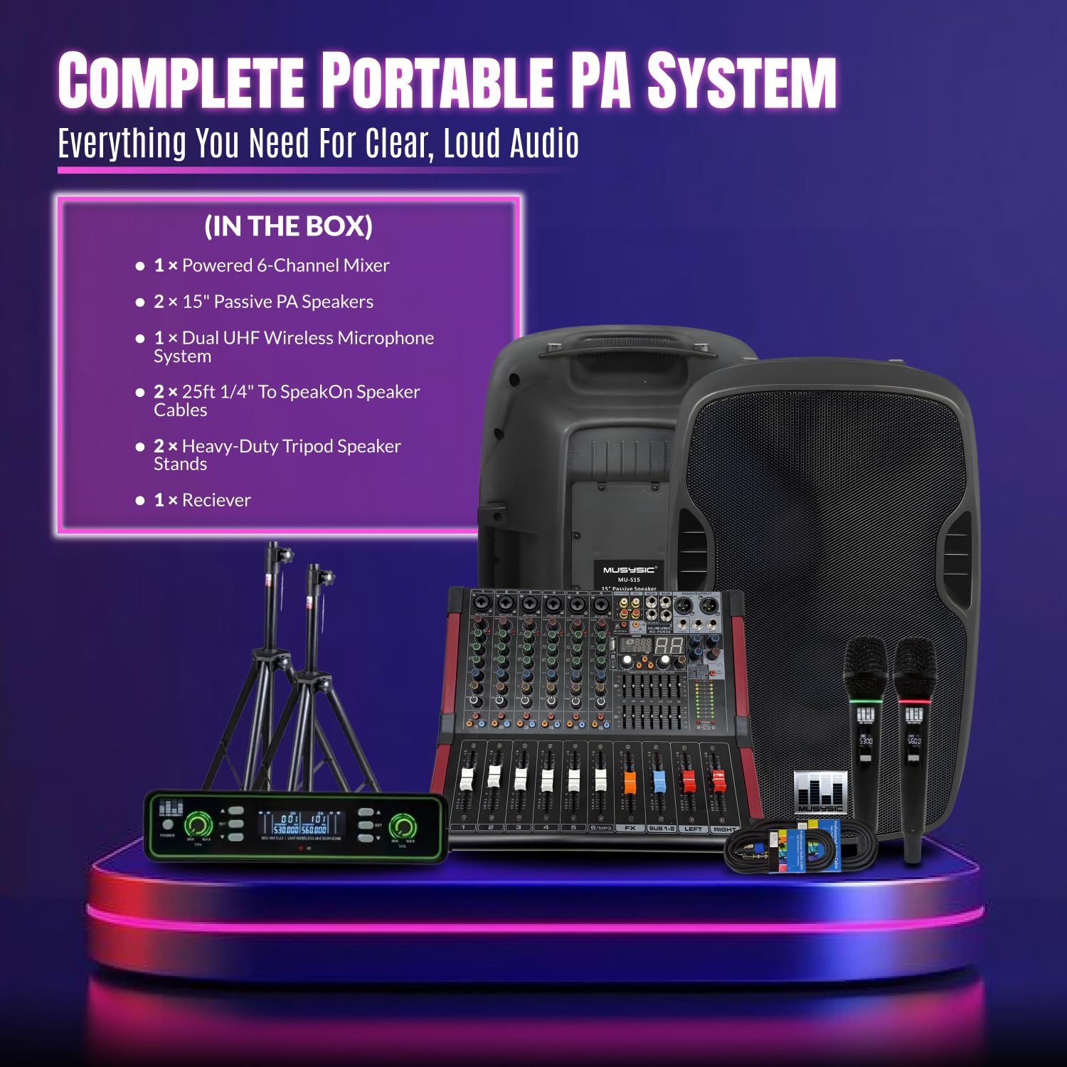 PA System with Wireless Microphone UHF, DJ Speakers Set 15″, Audio Mixer