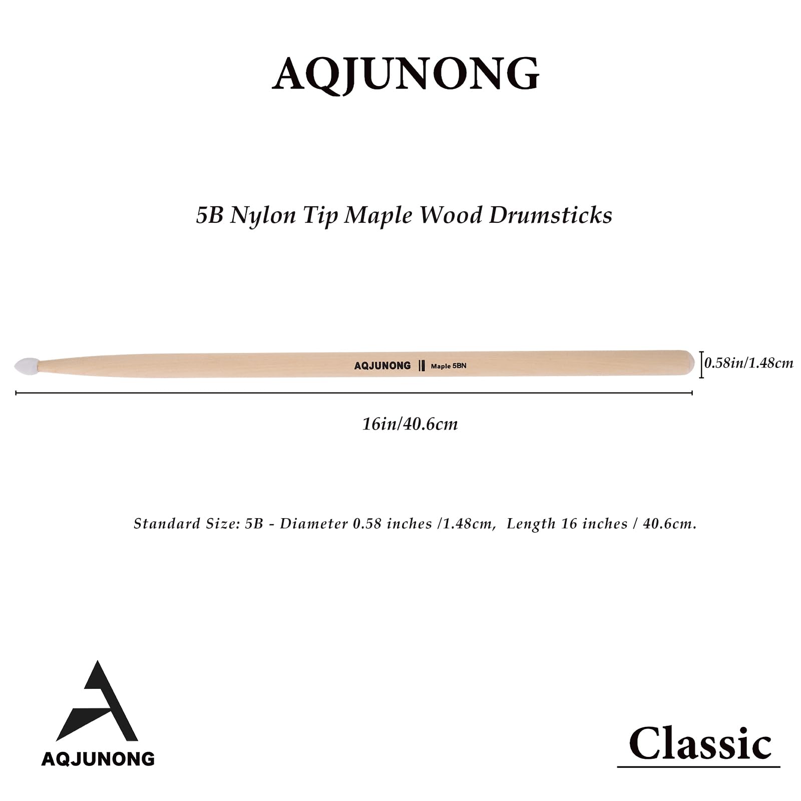 AQJUNONG Drum Sticks, Maple Wood 5B Drumsticks with Nylon Tip (12 Pairs)
